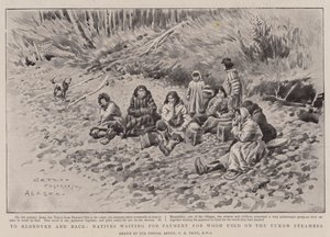 A Klondyke y de vuelta, nativos esperando el pago por la madera utilizada en los vapores del Yukón de Charles Edwin Fripp
